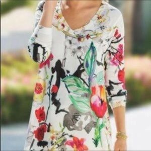 Soft Surroundings Fiore Floral V-Neck Tunic Watercolor Asian Inspired Large